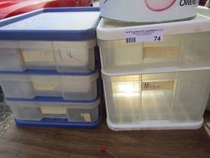 lot 74 image: 2 plastic storage bens one has 3 drawers and one has two
