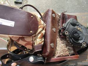 lot 77 image: Womens purse lot includes Dooney and burke, Coach, and others plus a few womens size 8 & 10 belts