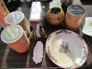 lot 79 image: Vintage 2 sides toaster, 3 new packs of Bridgeport PALE ALE (each comntains 100) coasters, Hand dcor, Fitzi& Floyd Santa bowl