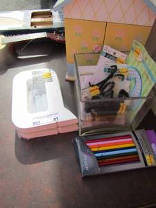 lot 81 image: Letter Q qty 2 for dcor, small childs house with 1 drawer and dB doors , misc. scrap booking letters, color pencils NIP