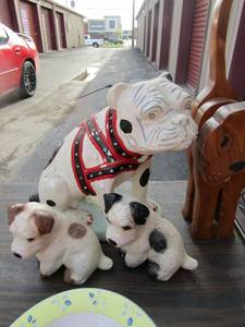 lot 84 image: Chalk bull dog statue, 2 smaller dog figurines in great condition qty 3 total