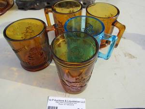 lot 89 image: Humpty Dumpty handled orange and blue glasses qty 5 all in great shape