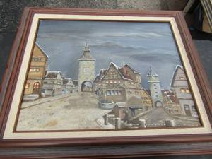 lot 138 image: ART - VILLAGE 25 12 x 21 framed canvas in good condition