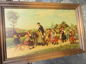 lot 139 image: ART - Boy and Girl children outside with a teacher 40 x 26 framed