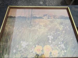 lot 140 image: ART -19 x 15 framed art of a well house and a field of flowers  , 20 x 16 12  master simpson 1763-1822