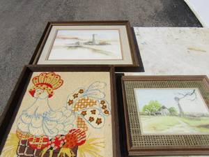 lot 147 image: needle point framed rooster pattern art 16 x 15, farm house windmill pic 13x15,framed windmill 15 x 20