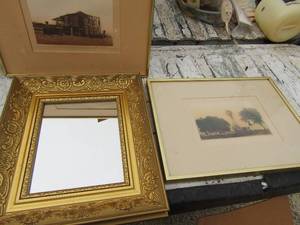 lot 168 image: 12x16 framed windmill and ranch art qty2, 15x13 decorative wall mirror with gold frame