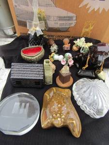 lot 171 image: vintage perfume bottles and more, dog, bell, trinket box