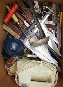 lot 184 image: Design house hand mixer, large lot knifes, littles and serving utensils