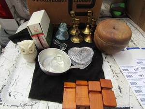 lot 188 image: Misc. lot heart trinket, food scale, owl dcor, brass candle sticks qty 4,