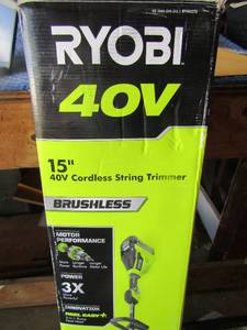 lot 35 image: Ryobi 40 Volt 15 cut brushless battery operated weed eater in original box