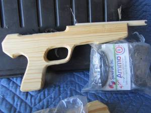 lot 56 image: 3 hand made wooden rubber band guns qty 3 plus 2 bags of new rubber bands