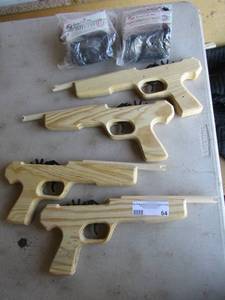 lot 64 image: 4 hand made wooden rubber band guns qty 3 plus 2 bags of new rubber bands