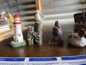 lot 28 image: 2 handmade wooden ducks ceramic duck standing on wood,marblehead OH lighthouse