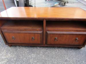 lot 34 image: Entertainment center with 2 drawers, 225122- very nice solid wood, also has 2 openings in front for small storage