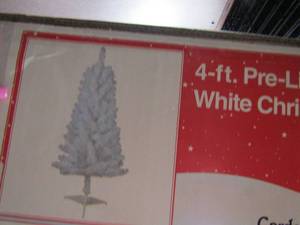 lot 69 image: 4ft pre lit Christmas tree, white in color NIB from garden ridge