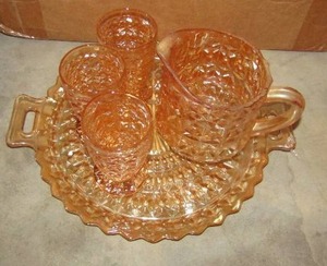 lot 91 image: Carnival glass dish set includes, 3 Glasses, 1 PITCHER, Serving Platter X $$