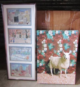 lot 102 image: 134182-02252016 Canvas Sheep on floral pattern 1014-- Framed downtown art includes, downtown Boston- common wealth back bay-- ducking walk path-- Faneuil hall & Quincy market- size 208