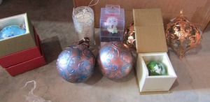 lot 104 image: Large Christmas tree ornaments new, metal bronze pine cones, and more