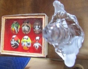 lot 105 image: Japanese Kabuki masks in framed shadow box qty 6 mint condition, 7 126 Lenox lead crystal light house ocean design, very beautiful piece of glass art, made in Germany