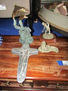 lot 107 image: 8 nice Dolphin statue- 1980 fine Pewter Chilmark statue 54-  Alluminum 96 cross with Jesus on it