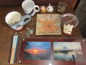 lot 111 image: Home dcor lot of coffee mugs, nick nacks, ash trey, bug in a shadow box and more