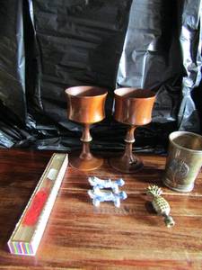 lot 134 image: 2 wooden goblet cups, silver plate Newport cup, Korean hand fan,