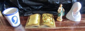 lot 135 image: Louisville stoneware cup, 5 jesus statue, open book dcor, Lady dcor statue