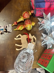 lot 161 image: Christmas lot includes, 2 star oranments, elvis ornament, 8 pc set of sky blue oranments new in box and more