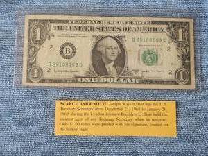 lot 38 image: Scarce Joseph Barr $1 dollar Bill - $1 Note
