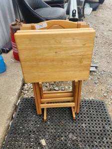 lot 197 image: Selection of 4 wood free standing TV trays with stand