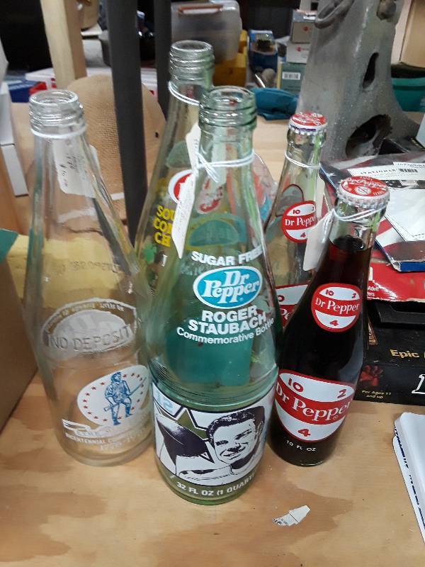 lot 105 image: 3 32oz. Dr Pepper bottles, 1 Baylor...
