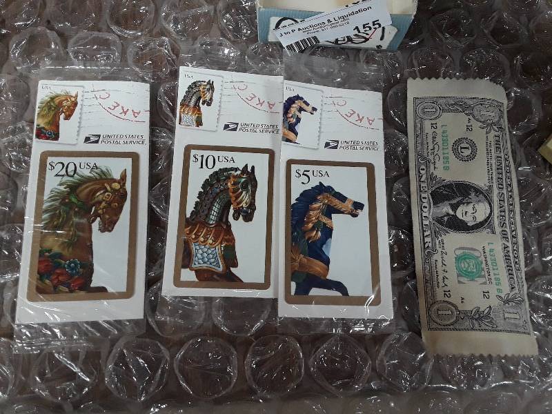 lot 155 image: 3 postal cards, 1 dollar bill patch...