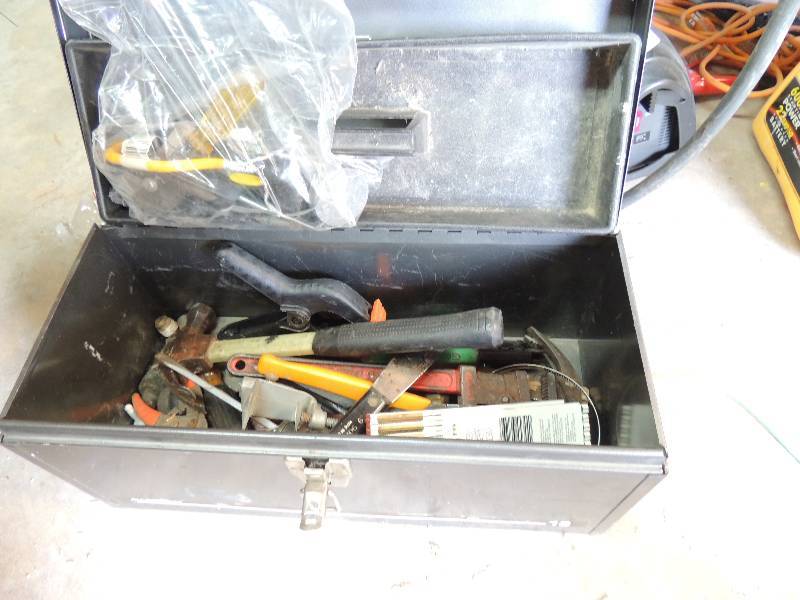 lot 407 image: Metal gray toolbox with misc tools...