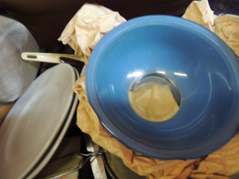 lot 598 image: 2 wicker baskets, 3 blue bowls, ass...