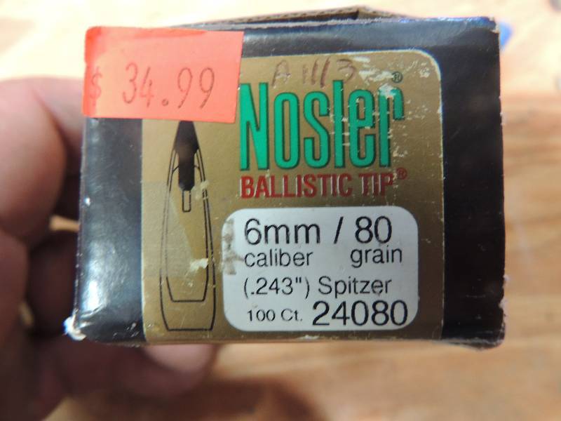 lot 1029 image: Nosler 6mm 80 gr .243 dia 100 ct...