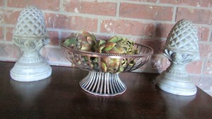 lot 35 image: 9 acorn book ends qty 2 - metal table dcor bowl with wax fruit