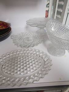 lot 63 image: 12 12 platter clear glass, 12 clear glass platter dB handled, 412 cake plate, 610 candy dish