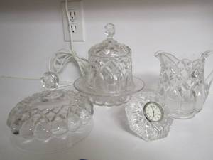 lot 78 image: Crystal Waterford clock diamond shape, clear picture, crystal covered candy dish and more