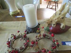 lot 87 image: 9 candle stand with candle, rabbits with carrot qty 2, Apple dcor