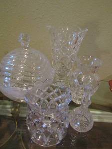 lot 97 image: 5 crystal vase , 8 covered candy dish, 8 crystal vase, perfume bottle and more