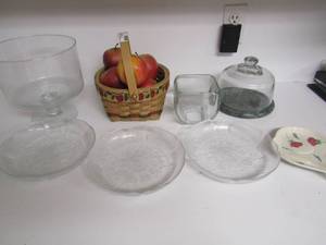 lot 121 image: Wicker basket with wax apples, marble covered dish , glass fruit basket and more