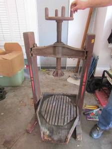 lot 4 image: Antique Apple press has all pieces  Incl. Copper Tray   Marked P3IN used condition- MUST SEE TO APPRECIATE