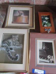 lot 124 image: 1411 cheetah photo, 1212 cat in bucket pic, 105 key hook frame, 1311 cat on piano pic