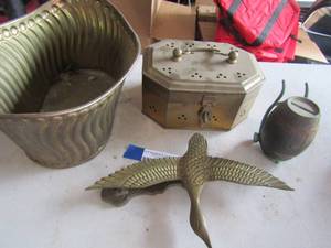 lot 135 image: barrel piggie bank, brass duck, metal brass dcor bucket, 1 handle latch box