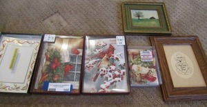 lot 166 image: 4 new boxes of Christmas cards and a 7 127 farm painted framed photo, 108 bear photo