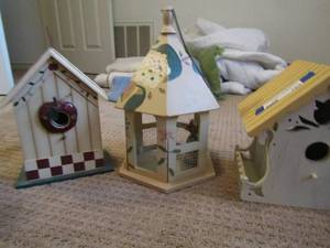 lot 169 image: Apple bird house 10 12, floral bird house 14 tall, 9 white bird house