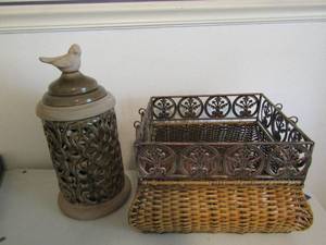 lot 231 image: Double handled metal wicker basket with a pottery covered lantern with bird dcor on lid