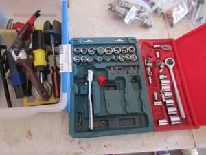 lot 238 image: Master mechanic socket wrench set, Craftsman socket wrench set, small crate with misc. tools