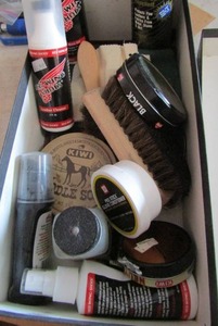 lot 267 image: shoe shining lot includes red wing leather cleaner, boot oil, shoe polish a brush, rain and stain repellent and much more
